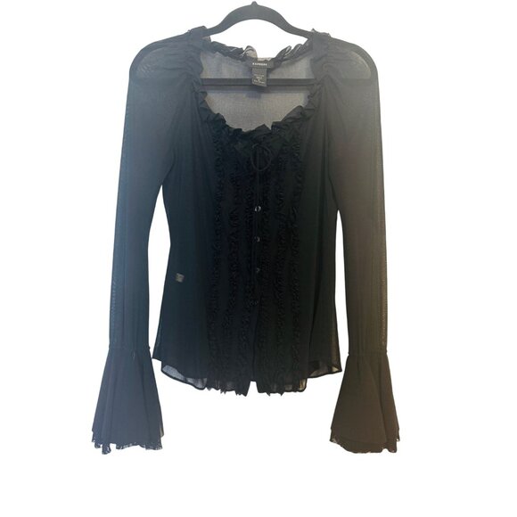 Elegant Small Black Ruffled Blouse With Bell Sleeves Romantic styling - Picture 1 of 11